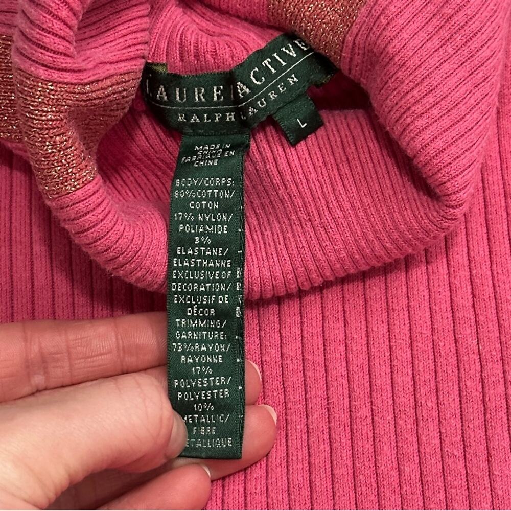Ralph Lauren Sport Pink Gold Logo Emblem Crest Sporty Preppy Turtleneck Sweater - Picture 8 of 12